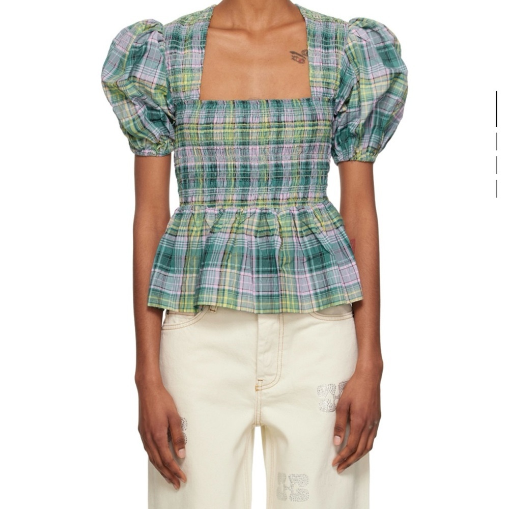 GANNI Blue Shirring Blouse - Size EU 42 (equivalent of US 10)